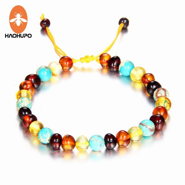 

haohupo natural amber bracelet with turquiose braided bracelets adjustable jewelry handmade fancy multi anklet for baby women, Golden;silver