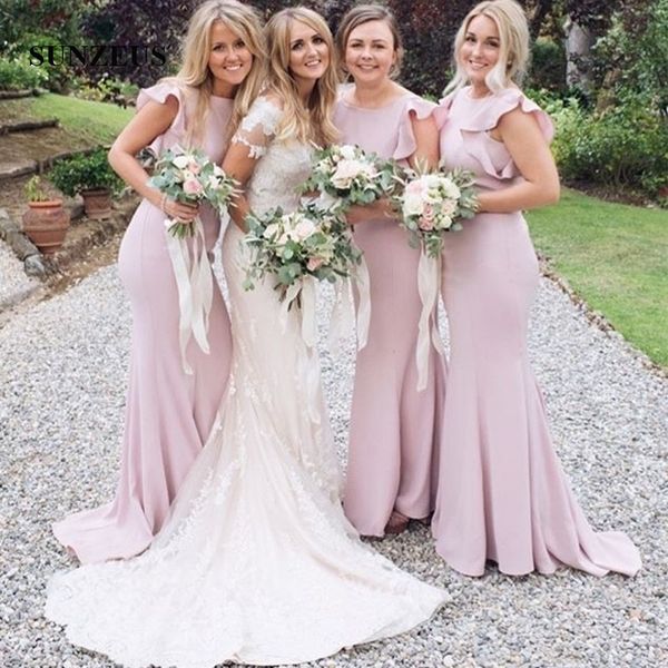 

chic dusty-pink mermaid bridesmaid dresses ruffles on shoulder scoop neck backless special party dress simple long maid of honor gown, White;pink