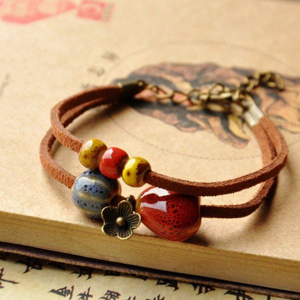 

charms bracelet heart ceramic beads strand bracelets for women double leather bead bangle jewelry ethnic rope knot bangles gift, Black