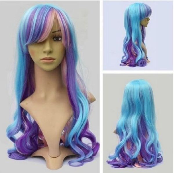 

popular lolita fashion blue purple pink mix long wavy cosplay wig, Black