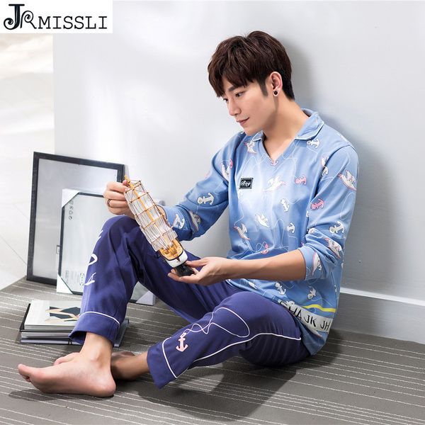 

jrmissli mens spring pajamas v-neck long sleeve pajamas for man 100% cotton comfort casual male pyjamas 2018, Black;brown