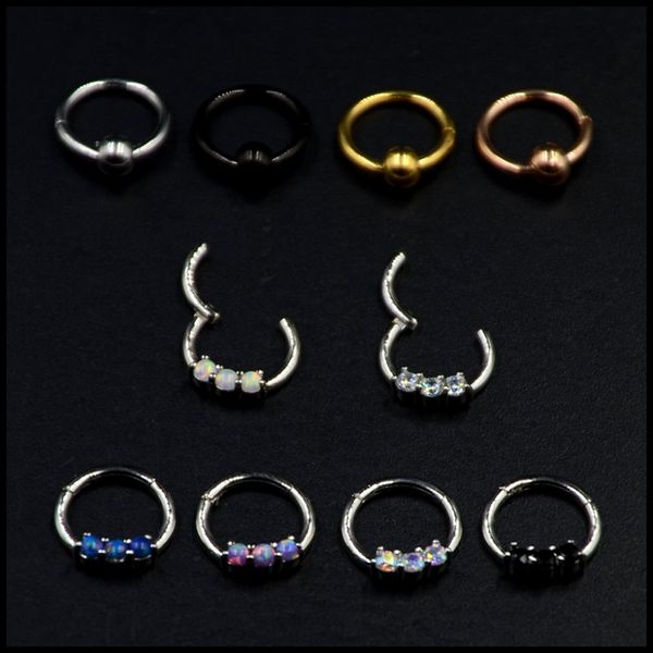 

1pc surgical steel opal septum clicker circular bead ring labret stud nose ring cartilage earring piercing fashion girls jewelry, Slivery;golden