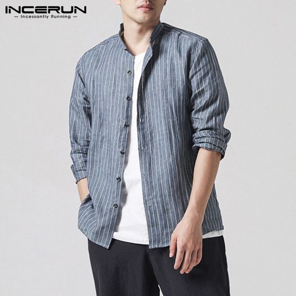 

incerun mens shirt striped stand collar long sleeve cotton loose camisa masculina autumn retro casual male dress shirt 2018, White;black
