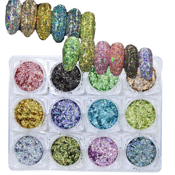 

12pcs nail art glitters snowflake sequins rainbow laser powder diamond holo flake holographic | nail art for gel & acrylic, Silver;gold