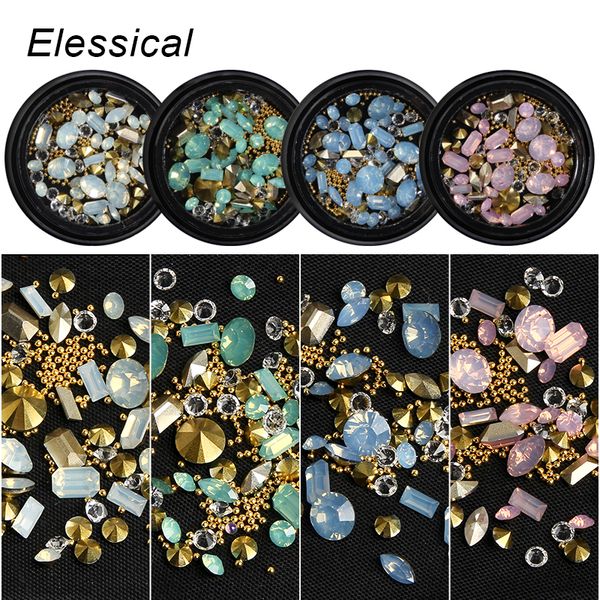 

elessical mixed shape opal nail resin rhinestones gems 3d tip drill copper nail charm beads studs manicure nails art decorations, Silver;gold