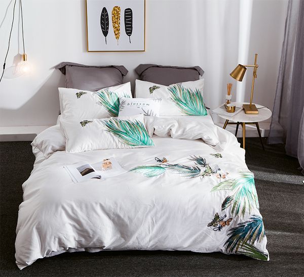 

rainforest satin white/blue embroidery 60s egyptian cotton bedding set duvet cover bed sheet pillowcases  king size 4pcs