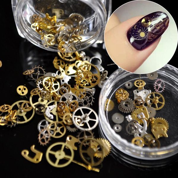 

1 box ultra-thin steam punk parts style nail studs gold 3d nail art decorations time wheel metal manicure diy tips art n02, Silver;gold