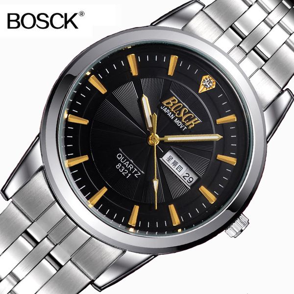 

brand bosck watch men fashion quartz watch stainless steel wristwatch waterproof calendar male clock gentleman relogio 2017, Slivery;brown