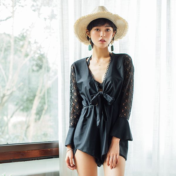 

lace splice long-sleeved blouses show thin steel support gather bikini girl, White;black