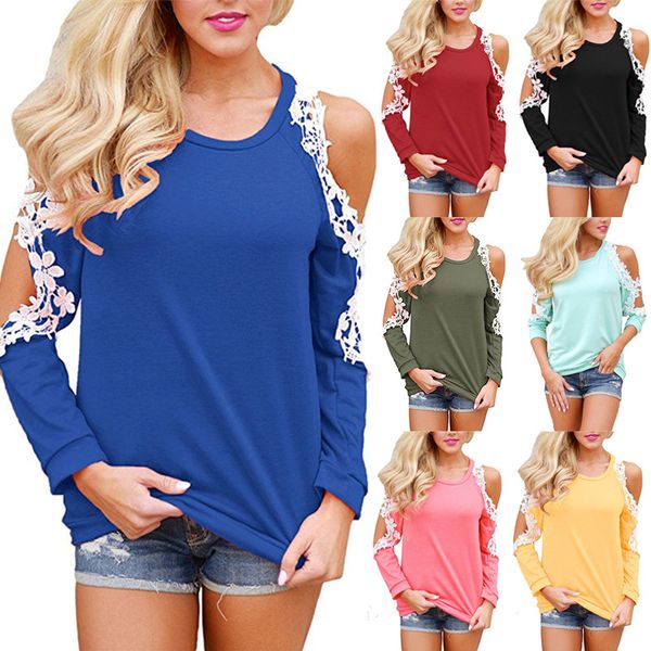 

Women Casual Lace Crochet Panelled Patchwork Open Cold Shoulder Long Sleeve Blouse Tops T-Shirt Ladies Pullover Jumper Shirt