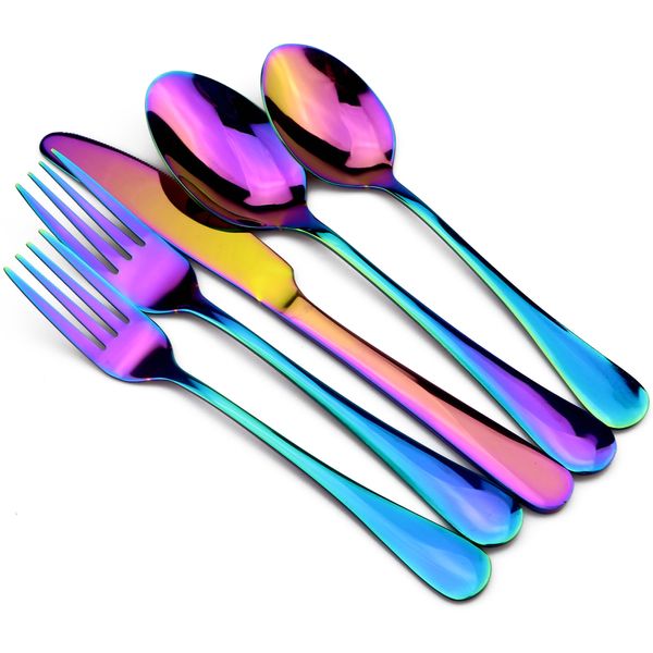 JANKNG Eine Vielzahl von reinen Farben Edelstahl-Geschirr-Set, hochglanzpoliertes Besteck, kreatives Geschirr-Set und Steakmesser-Geschirr-Set