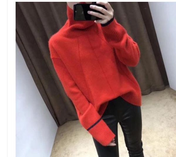 

send autumn and winter high-collar sweater woman's set head thickened loose and comfortable knitted coat, White;black