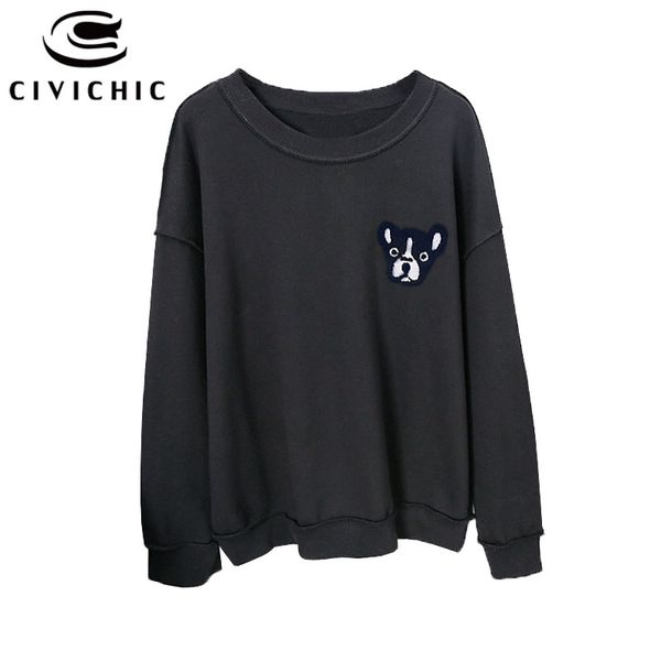 

civi chic stylish puppy embroidery women hoodie bulldog pullover retro vintage knitted loose sweatshirt dog tees wear whd20, Black
