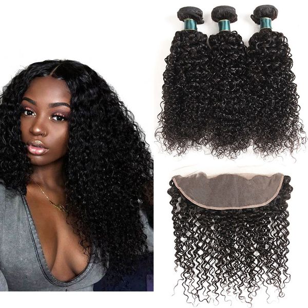 Kinky Curly 13 * 4 Lace frontal com pacotes Melhor Qualidade Brasileira Virgem Humana Weave 3 Bundles com extensões de cabelo frontal 12-26 polegadas