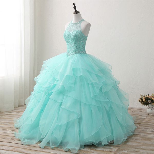 2019 Königsblau Günstigstes Stock Ballkleid Quinceanera Kleider Perlen Süßes 16-jähriges Spitzen-Abschlussball-Party-Abendkleid Vestidos De 15 Anos QC1404