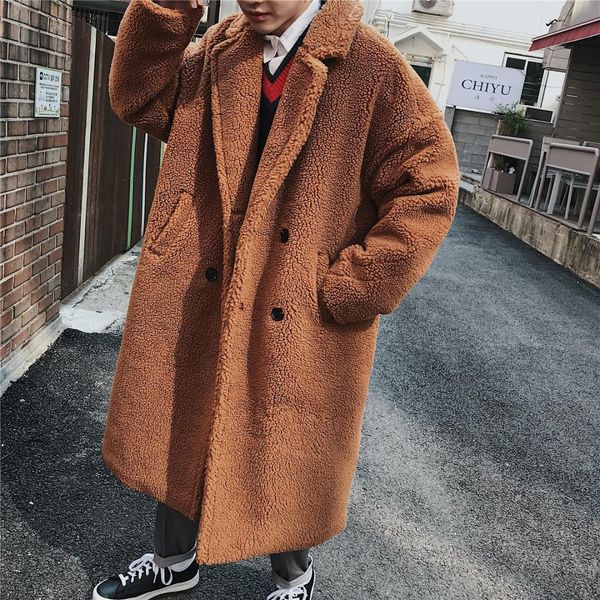 

2018 winter men's fashion parkas lamb woolen blends overcoat loose in warm trench cashmere long coat cotton-padded clothes m, Black