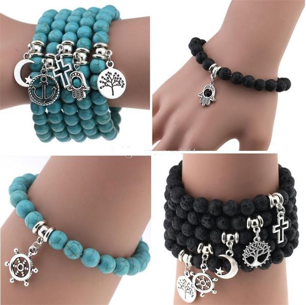 

natural lava stone turquoise prayer beads charms bracelets anti-fatigue volcanic rock men women fashion diffuser jewelry kka1098, Black