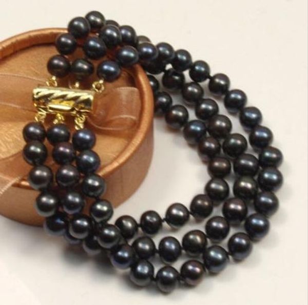 

beautiful 3 rows 9-10mm black natural south sea pearl bracelet yellow gold clas