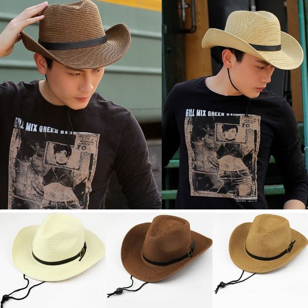 

straw braid men cowboy hats with buckle western american mens hat lady beach hats solid khaki 4 colors, Blue;gray