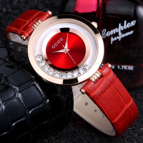 

guou brand women rolling drill watches quicksand real leather gift watch rhinestone wristwatches, Slivery;brown