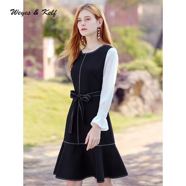 

weyes & kelf autumn o-neck long flare sleeve woven ladies dress for women 2018 solid pleated dress women robe with belt, Black;gray