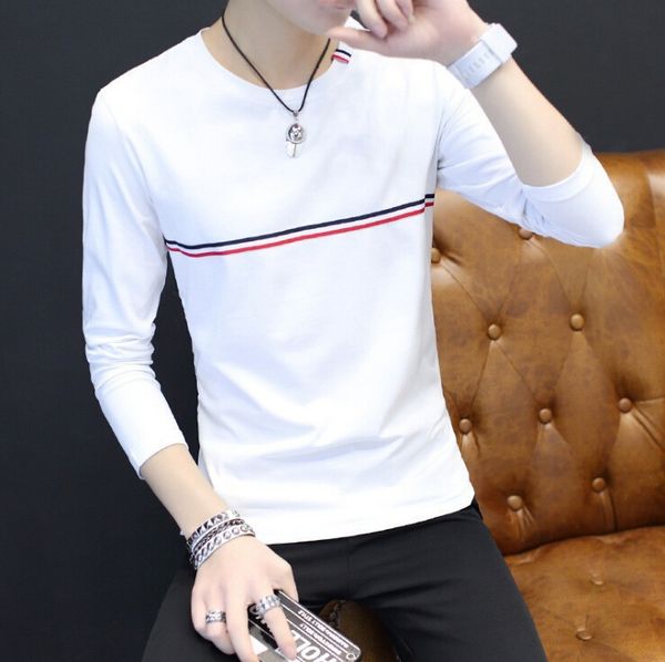 

man's strip spring neck t-shirt autumn cotton white slim crew tee sleeve long recrw, Black