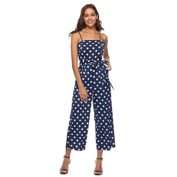 

spaghetti strap polka dot rompers womens jumpsuit casual high waist wide leg summer jumpsuit plus size one piece pants dc18627, Black;white
