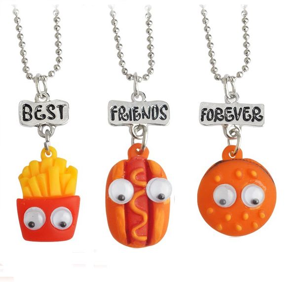 

children friends forever cute hamburgers dogs pendant bff 3 necklace friendship jewlery gifts for kids 10 set, Silver