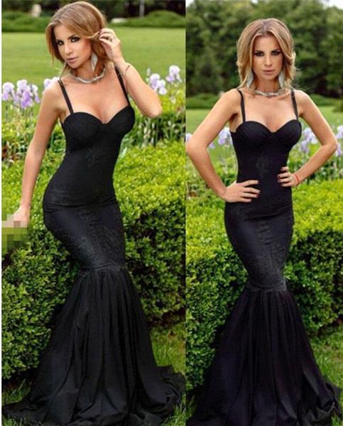 

новая мода сексуальная черная русалка пром платья спагетти ремни кружева аппликация длина пола вечерние платья вечерние платья на заказ, Black