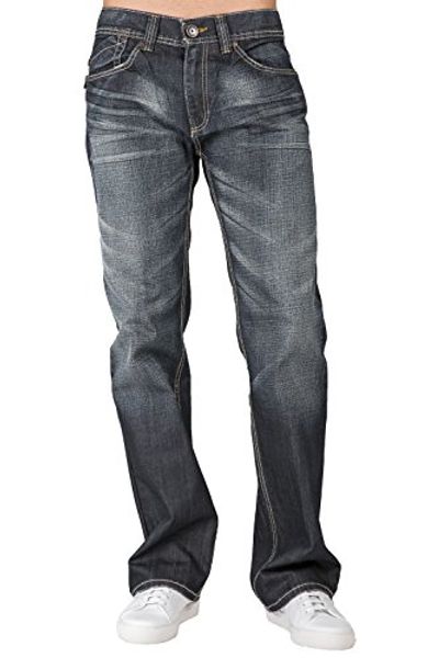 

level 7 mens relaxed bootcut faded black denim jeans whiskering, Blue