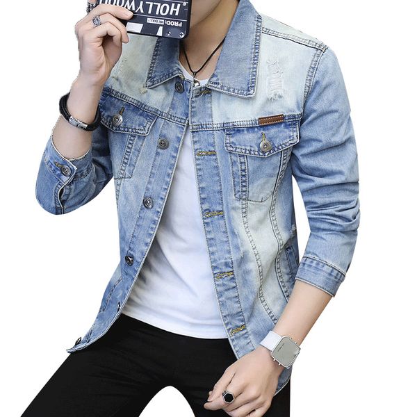

slim mens denim jacket new hole coat male outwear jaqueta masculino jeans jacket men fashion design spring autumn brand clothing, Black;brown