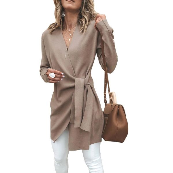 

women faux wool blend cardigan solid casual coat sashes v neck long sleeve warp autumn winter bandage lace up coats outwear, Black