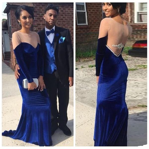 

2018 simple royal blue velvet mermaid evening dresses sheer jewel neck floor length floor length zipper back prom dresses yousef aljasmi, Black;red