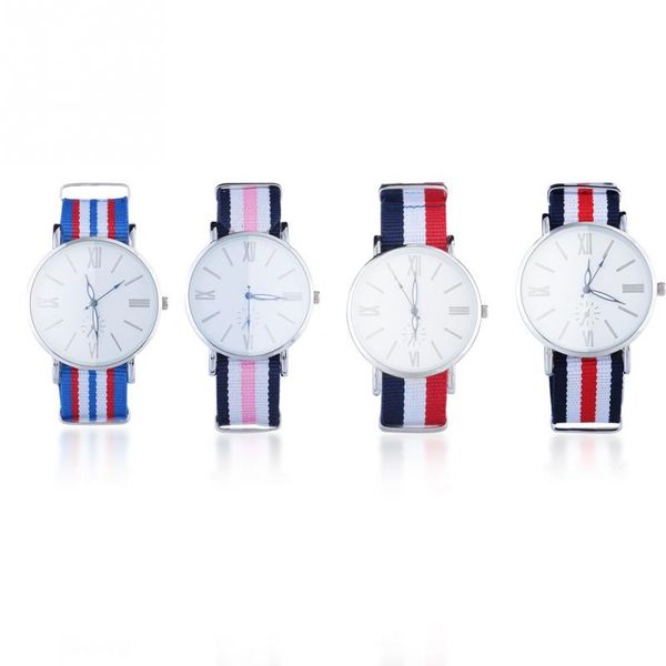 

women men nylon stripes quartz movement analog round dial wristwatch watch, Slivery;brown
