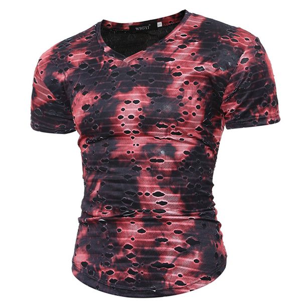 

2017 neweuropean and american wind personality tie dye holes,compassionate foreign trade fashion men's short sleeved holet-shirt, White;black