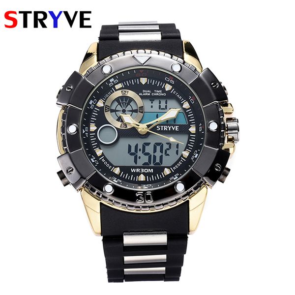 

men fashion wristwatches luxury stryve brand men's plastic strap sports dual time quartz digital watches with 30m waterproof, Slivery;brown