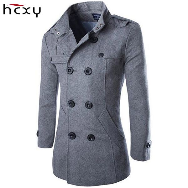 

hcxy men winter long trench coat double breasted wool blend overcoat pure color casual fashion outwear jackets, Black