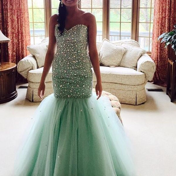 

2019 блестящие платья выпускного вечера мятный зеленый тюль длина пола вечерние платья роскошные кристаллы бусины кружева up обратно высокое, Black