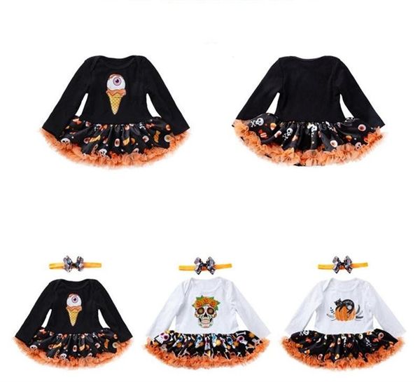 

skull toddler halloween costume for baby girl clothes sets pumpkin romper dress headband girls long sleeve halloween pumpkin dress, Red;yellow