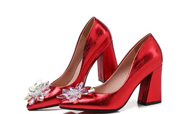 

send new style water drill flowers coarse heel single pointed end shoes high heels woman shoes shoes heel 6.5cm and 8.5cm, Black