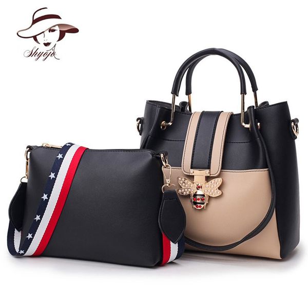 

famous brand 2pcs set women composite messenger bag bee diamonds panelled leather handbag female shoulder bags handle bolsas d18101303