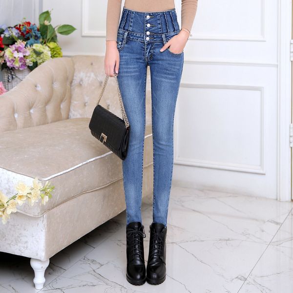 

slim autumn spring jeans womens high waist elastic skinny denim long pencil pants back cross woman jeans camisa feminina trousers, Blue