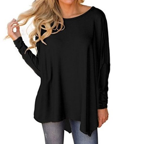 

chamsgend women long sleeve o-neck pure color batwing sleeve irregular hem blouse fashion casual women blouse au1, White