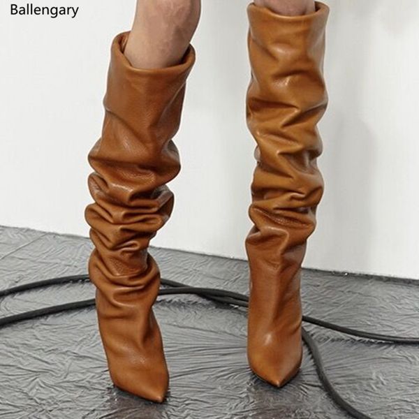 

botas feminina fall autumn runways women shoes spiked high heels brown black soft leather slouchy boots knee high plus size 42