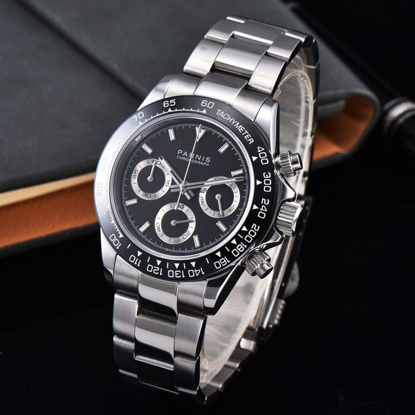 

39mm black dial sapphire glass soild full chronograph quartz mens watch, Slivery;brown
