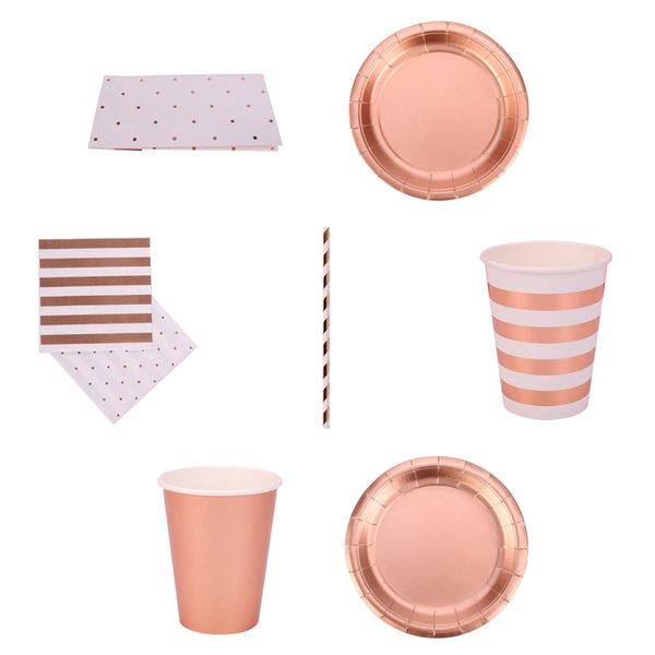 

rose gold disposable tableware stripe paper drinking straws/ plates/paper cup/tissue/gift bags wedding birthday party supplies