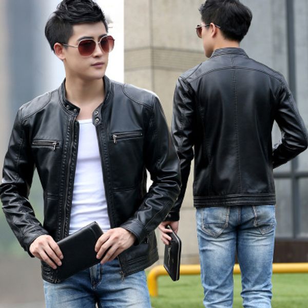 

leather jacket men male casual motorcycle leather jacket mens fashion veste en cuir pu jackets design stand collar coat 2018 new, Black