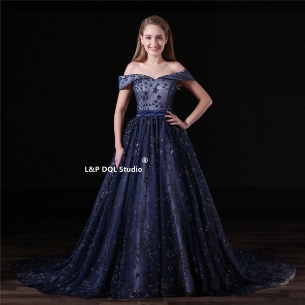 

off the shoulder dark navy prom dresses sweep train pleats tulle with sparkling sequins long prom dress evening gowns, Black