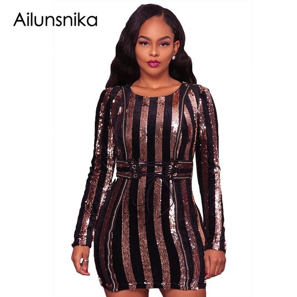 

ailunsnika 2018 женщины sexy блестками с длинным рукавом party club платья осень шнуровке талии полосатый лоскутное мини-платье dl220255, White;black