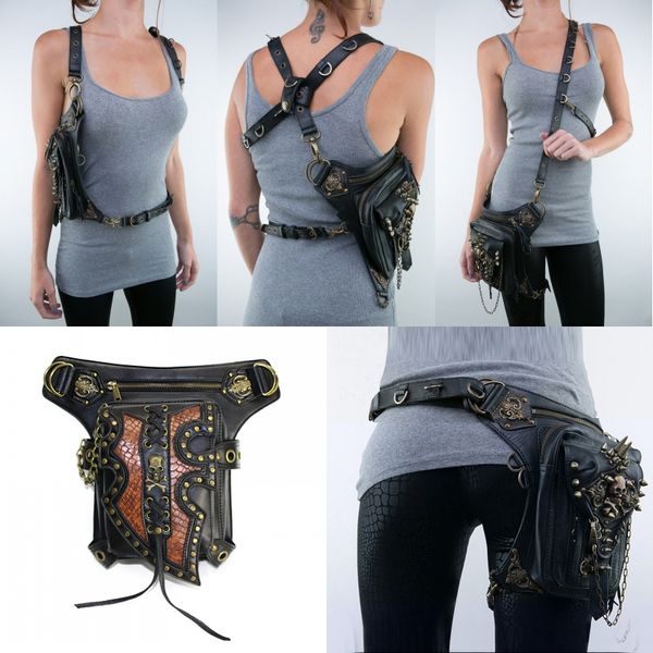 

pu leather rivets waist pack bag leg drop bag punk rock belt hip bum pouch motorcycle crossbody shoulder studded bags dhl g212s